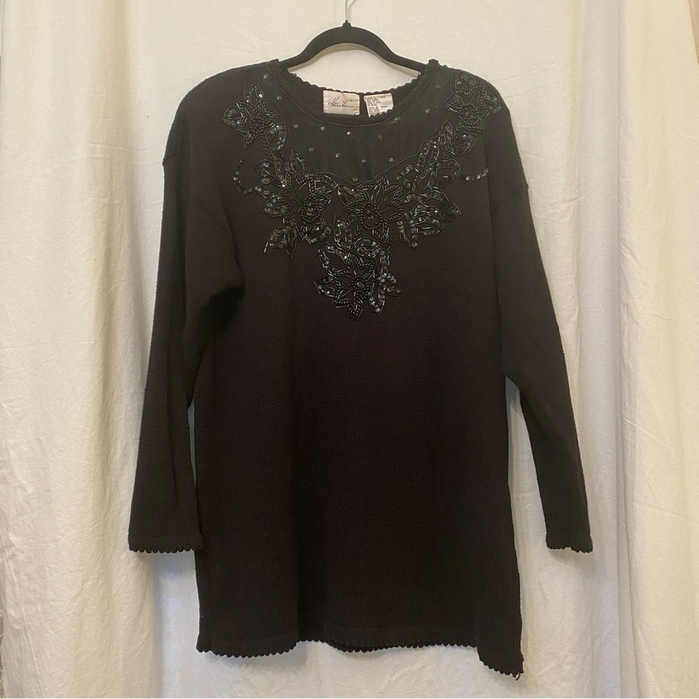 Vintage 90s Kathie Lee Beaded cotton/ramie Sweater pull over sequins Black Large